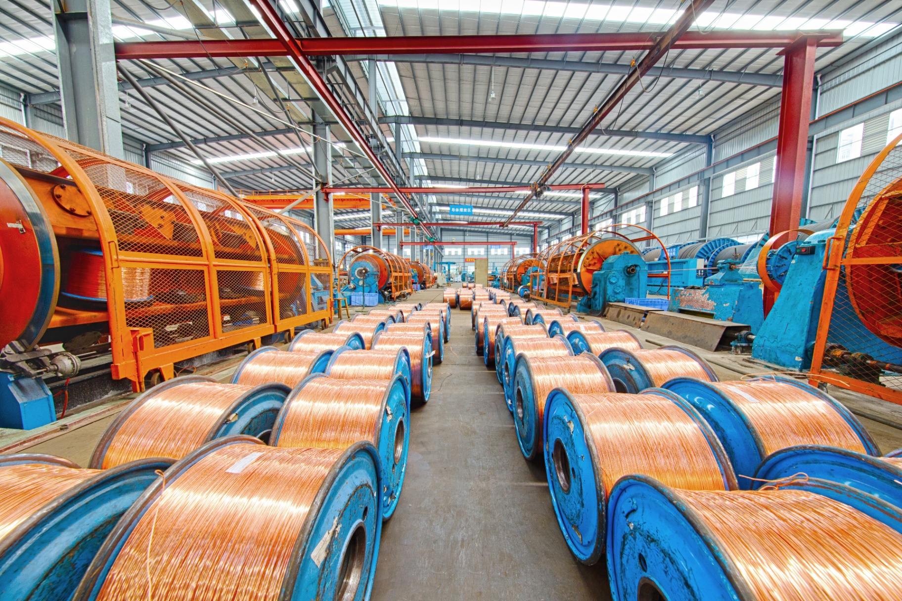 Copper conductor bobbins staged for stranding